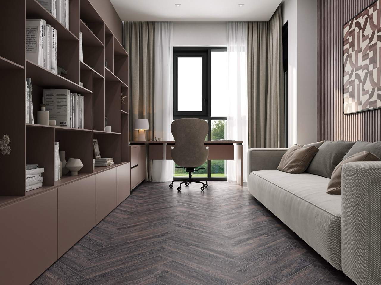 Кварцвиниловый SPC ламинат Cronafloor Herringbone Дуб Бордо H006 венгерская елка 640×128×4,5 фото в интерьере